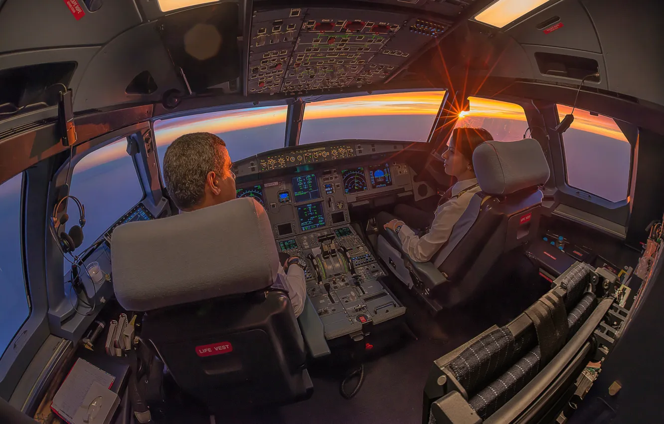 Фото обои рассвет, кабина, пилоты, Airbus