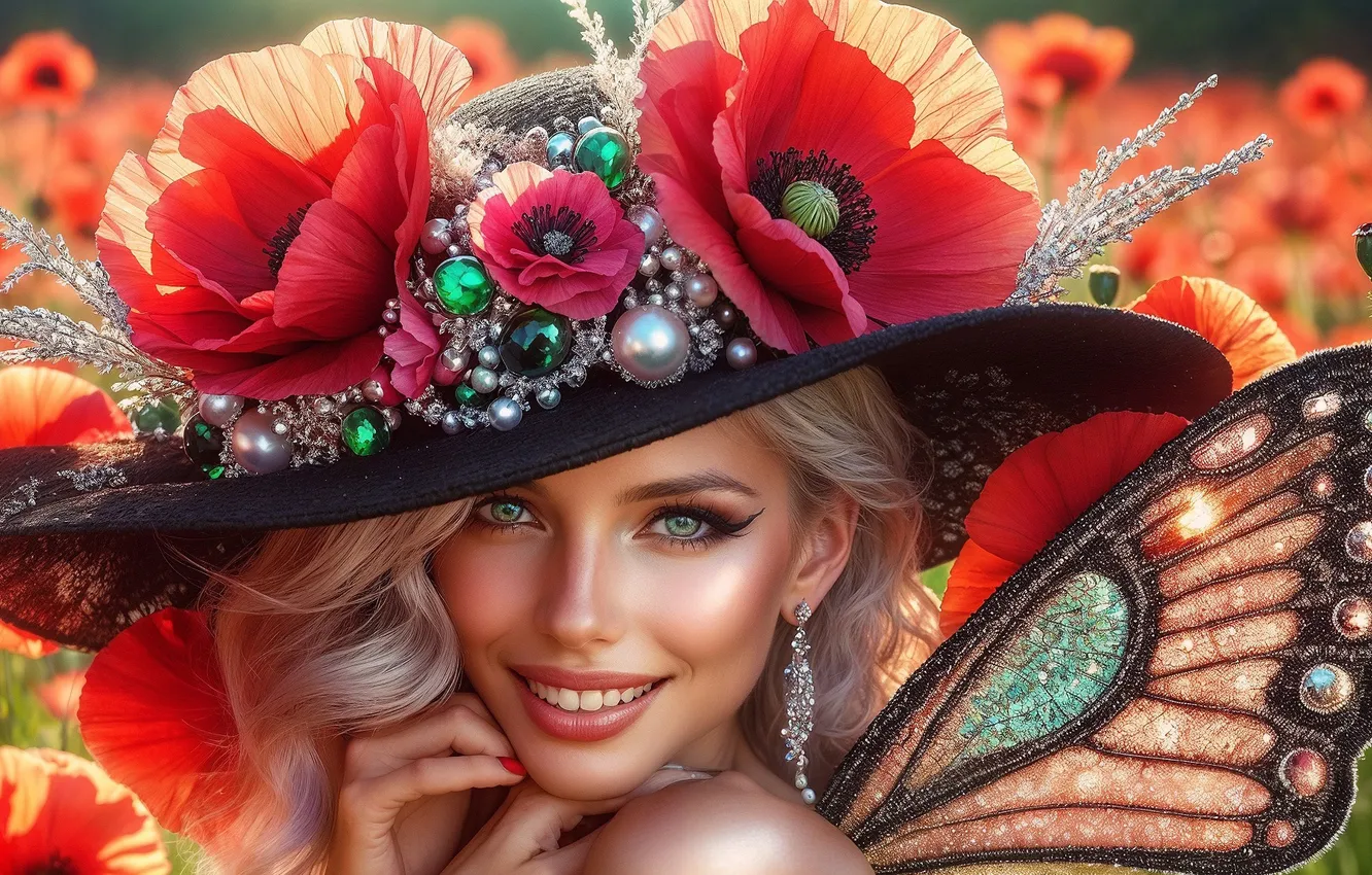 Фото обои девушка, маки, крылья, шляпа, фея, крылья бабочки