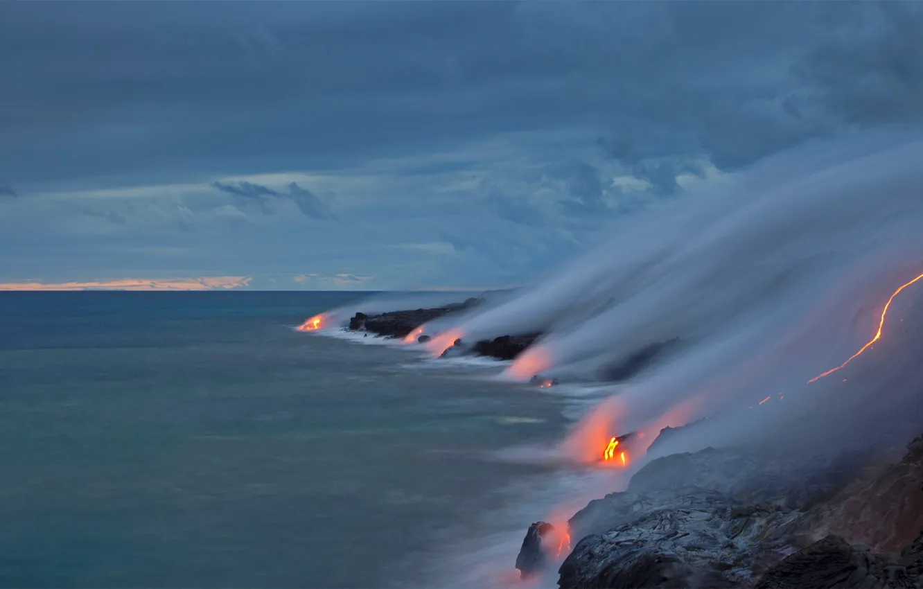 Фото обои море, извержение, Гавайи, лава, США