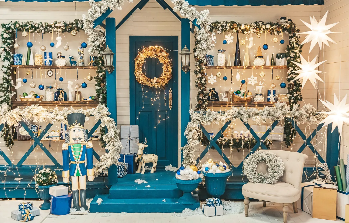 Фото обои зима, шары, игрушки, Рождество, Новый год, гирлянда, New Year, 2021