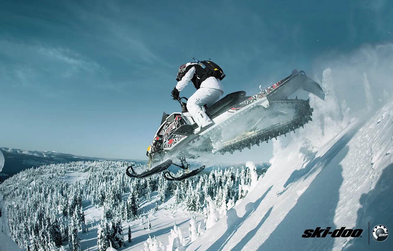 Фото обои лес, снег, прыжок, спорт, 154, sport, snow, снегоход