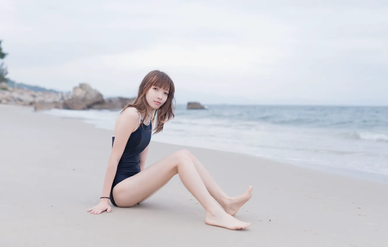 Фото обои Swimsuit, Rock, Beautiful, Asian, Model, Water, Sand, Woman