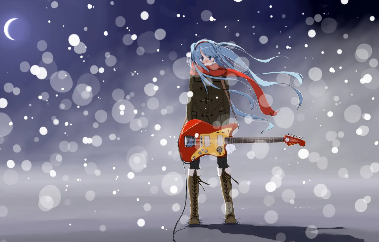 Фото обои зима, девушка, снег, гитара, месяц, арт, пар, vocaloid