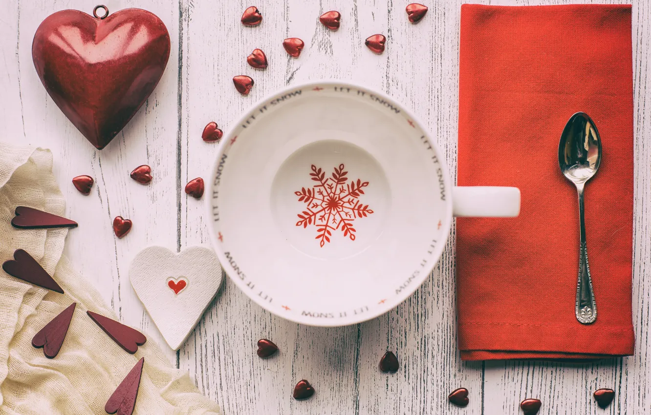 Фото обои сердце, ложка, чашка, снежинка, салфетка