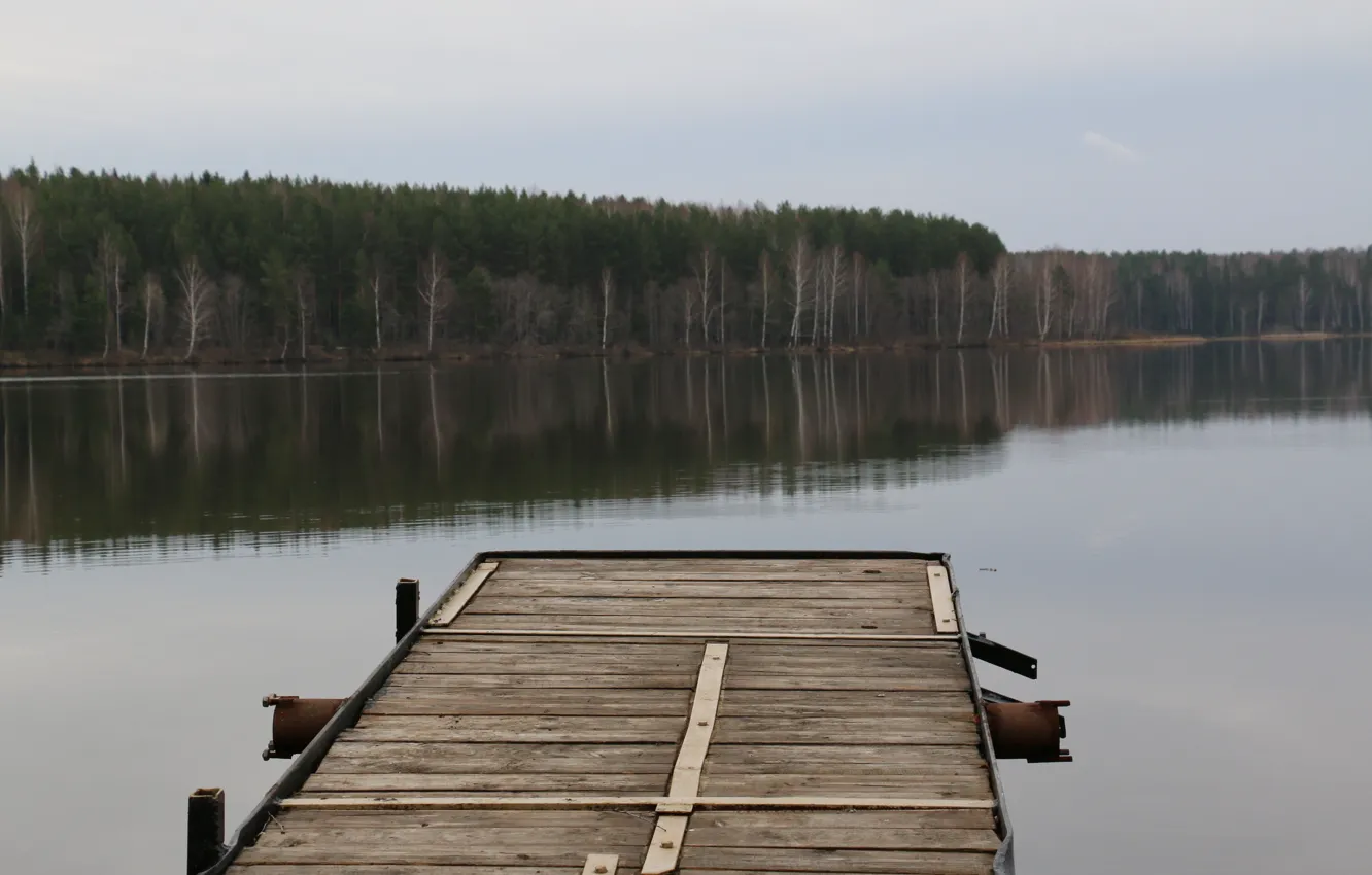 Фото обои лес, мост, озеро, пруд, отражение, пасмурно, старый