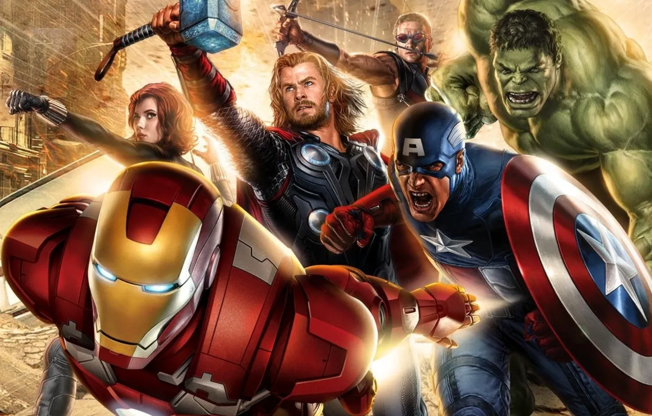 Фото обои фантастика, фильм, рисунок, Халк, Железный человек, боевик, Iron man, капитан америка