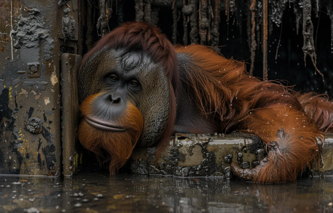 Фото обои морда, вода, обезьяна, орангутан, нейросеть