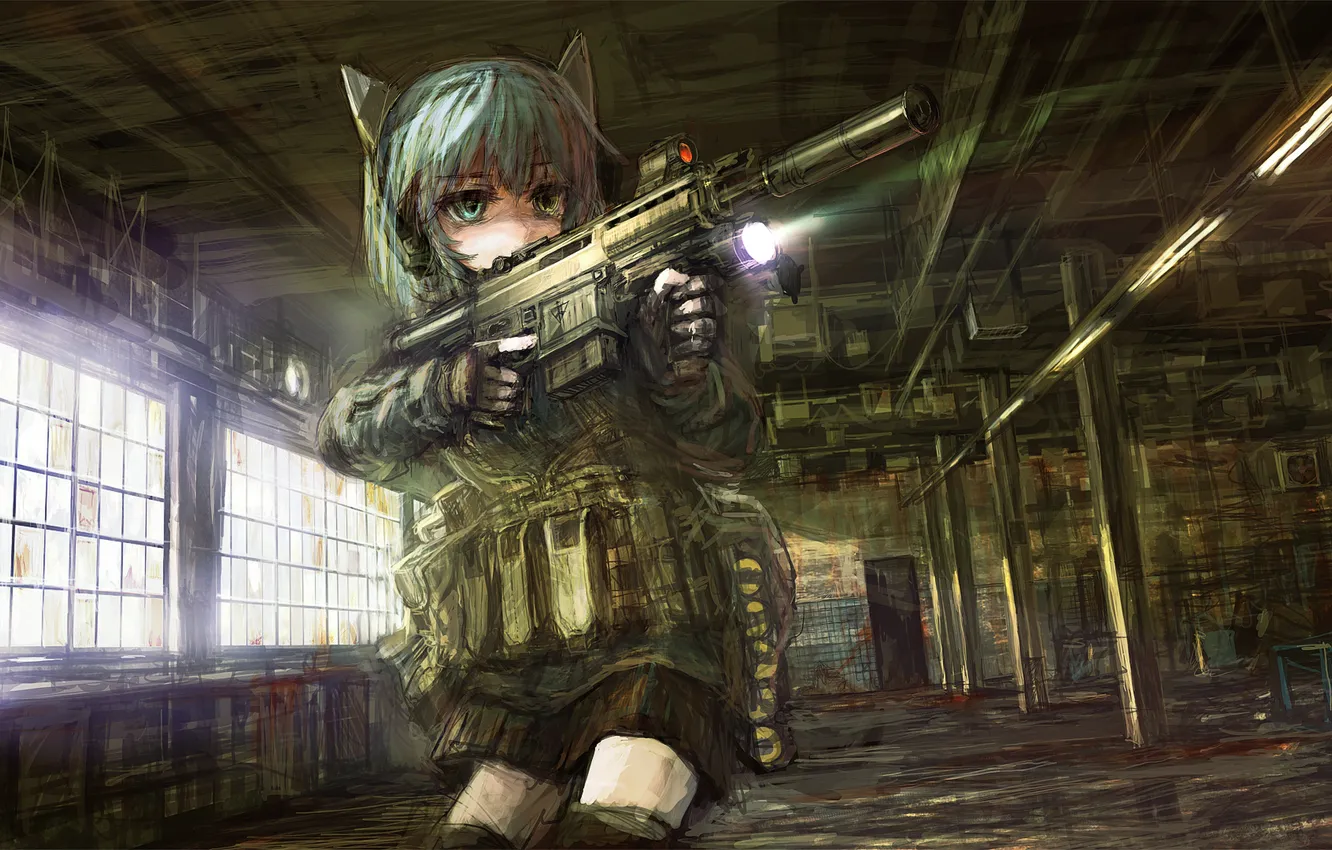 Фото обои девушка, оружие, здание, аниме, дверь, арт, фонарь, ушки