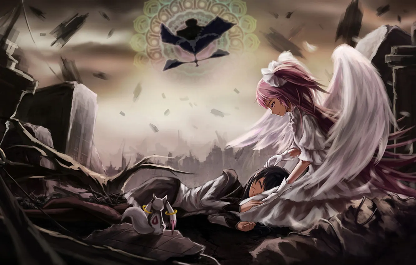 Фото обои Девушка, ангел, зверек, руины