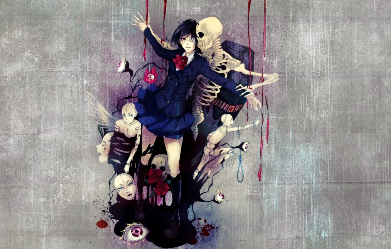 Фото обои череп, куклы, розы, арт, скелет, школьная форма, art, другая