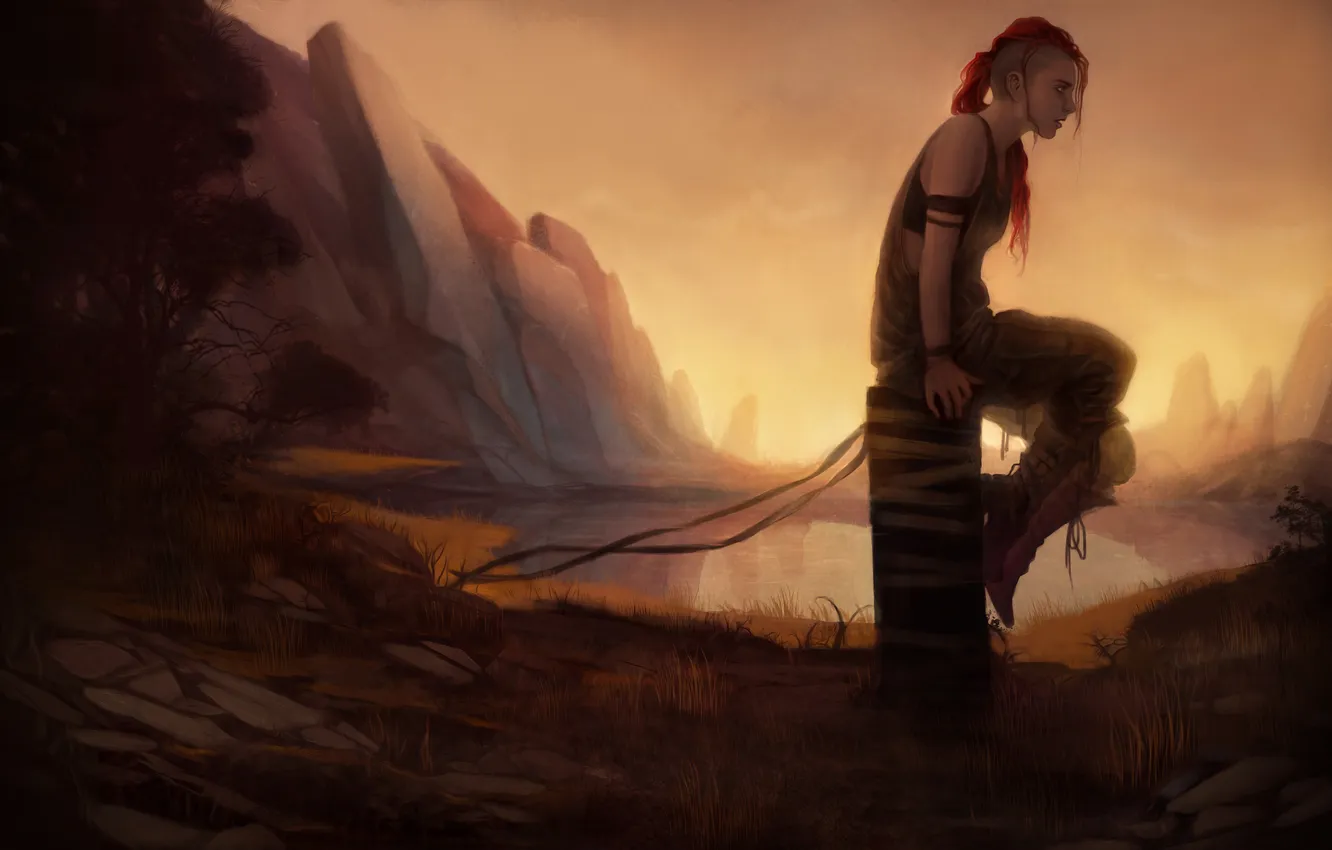 Фото обои девушка, озеро, скалы, арт, рыжая
