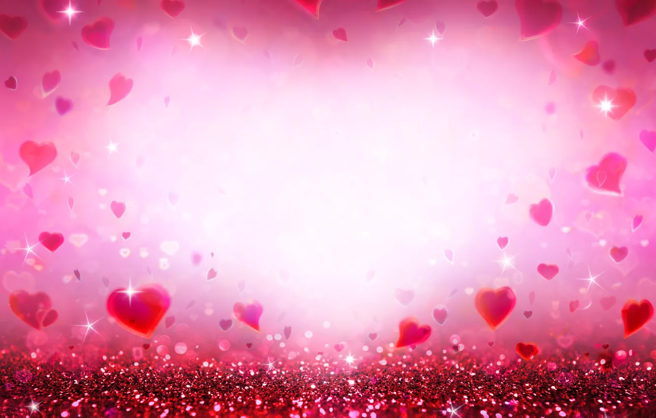Фото обои блестки, сердечки, love, pink, romantic, hearts, bokeh, glitter