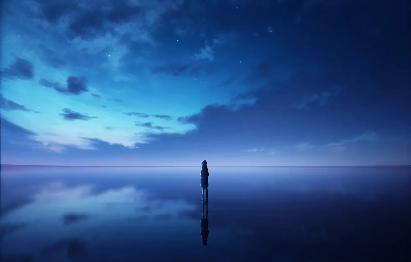 Фото обои небо, вода, девушка, ночь