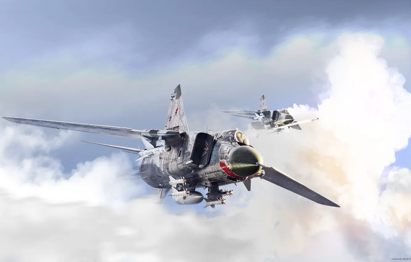 Фото обои облака, истребитель, полёт, by ABiator, Советский МиГ-23, Александр Ярцев, Silver arrows, Soviet MiG's-23
