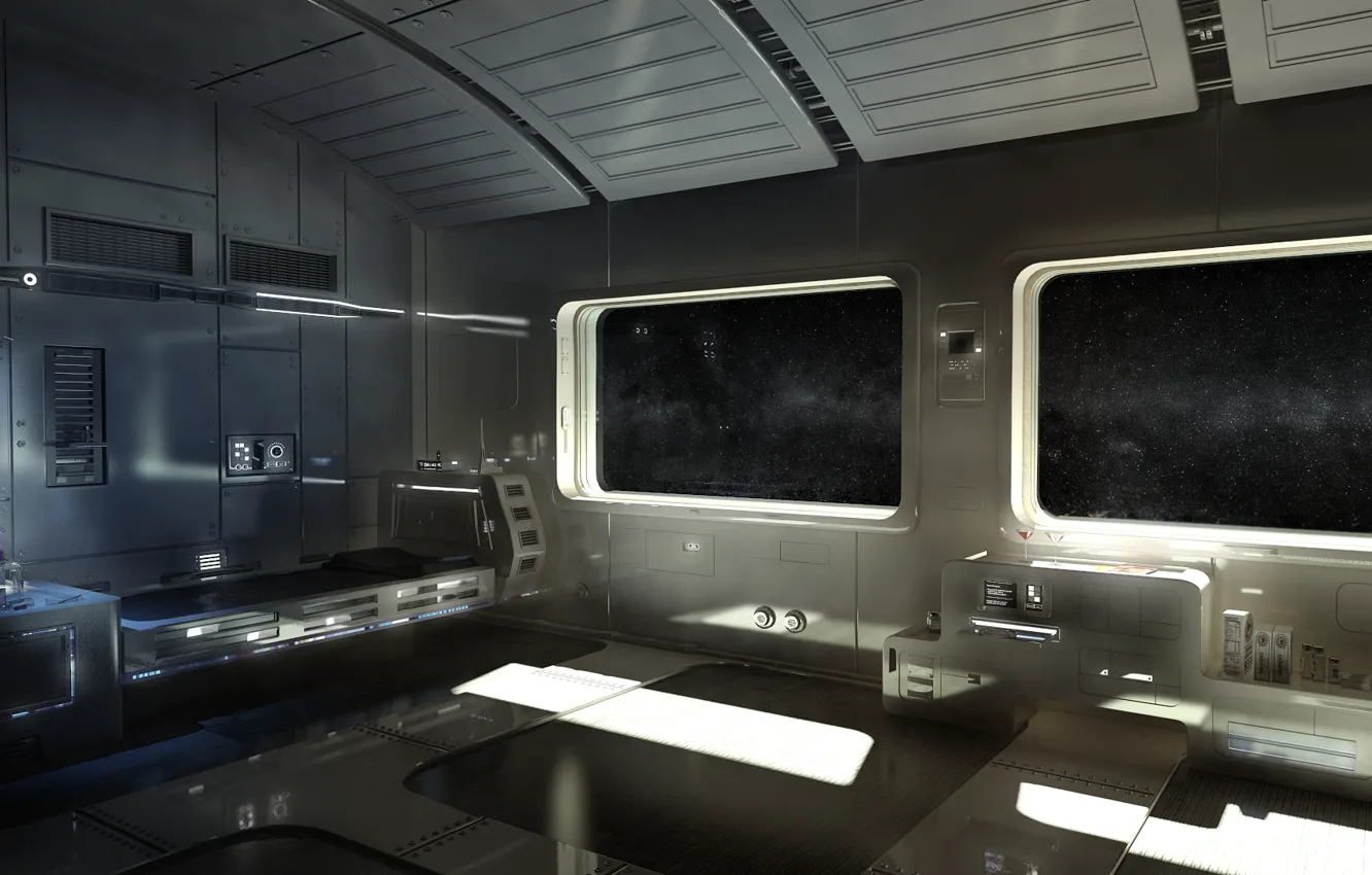 Фото обои корабль, кровать, напитки, космический, Space suite, горячительные, номер люкс, иллюминаторы