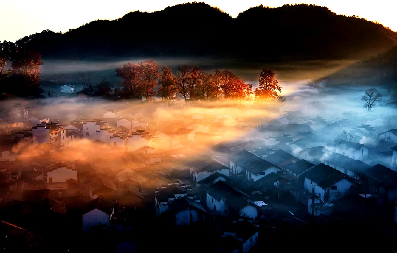 Фото обои горы, туман, дома, Китай, Убань