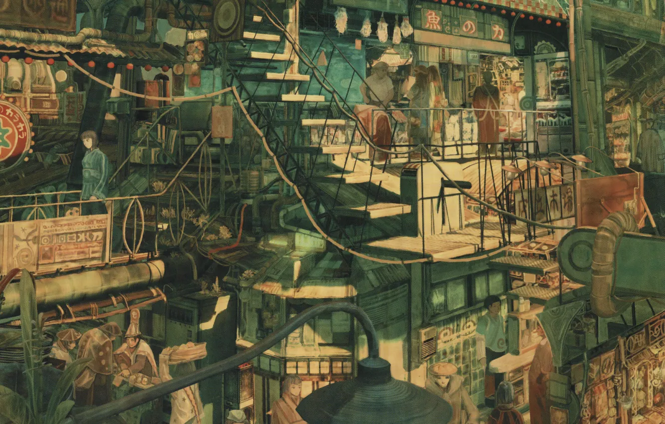 Фото обои трубы, город, люди, улица, лестница, Art, магазины, Imperial Boy (Teikaku Shounen)