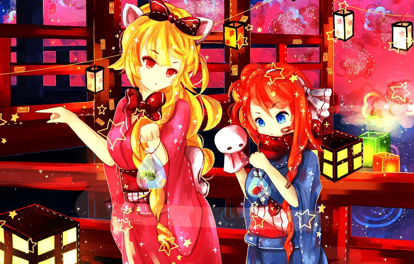 Фото обои звезды, мост, девушки, аниме, арт, фонари, кимоно, бант