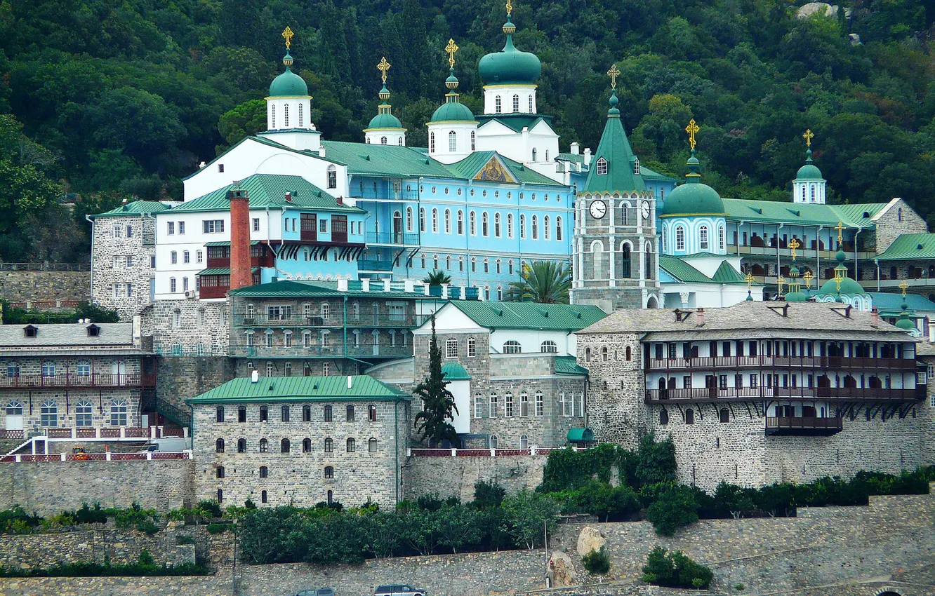 Фото обои стены, Греция, собор, храм, монастырь, купола, Athos Monastery of St. Panteleimon