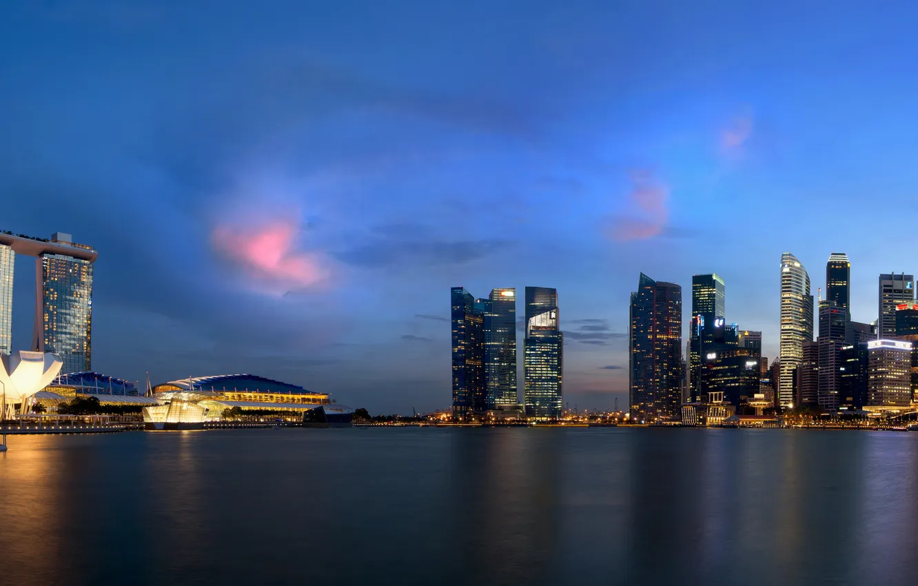 Фото обои город, вечер, панорама, небоскрёбы, сингапур, Singapore, Marina Bay
