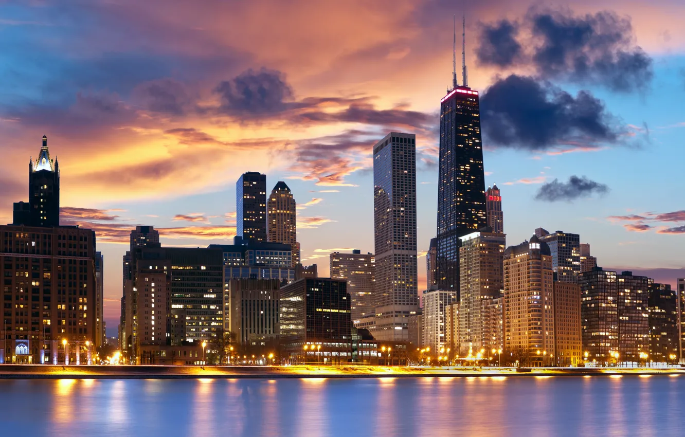 Фото обои city, река, дома, вечер, Чикаго, Chicago, набережная, высотки