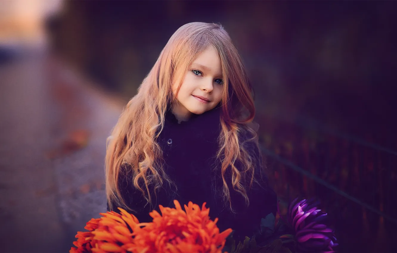Фото обои цветы, девочка, ребёнок, хризантемы, русая