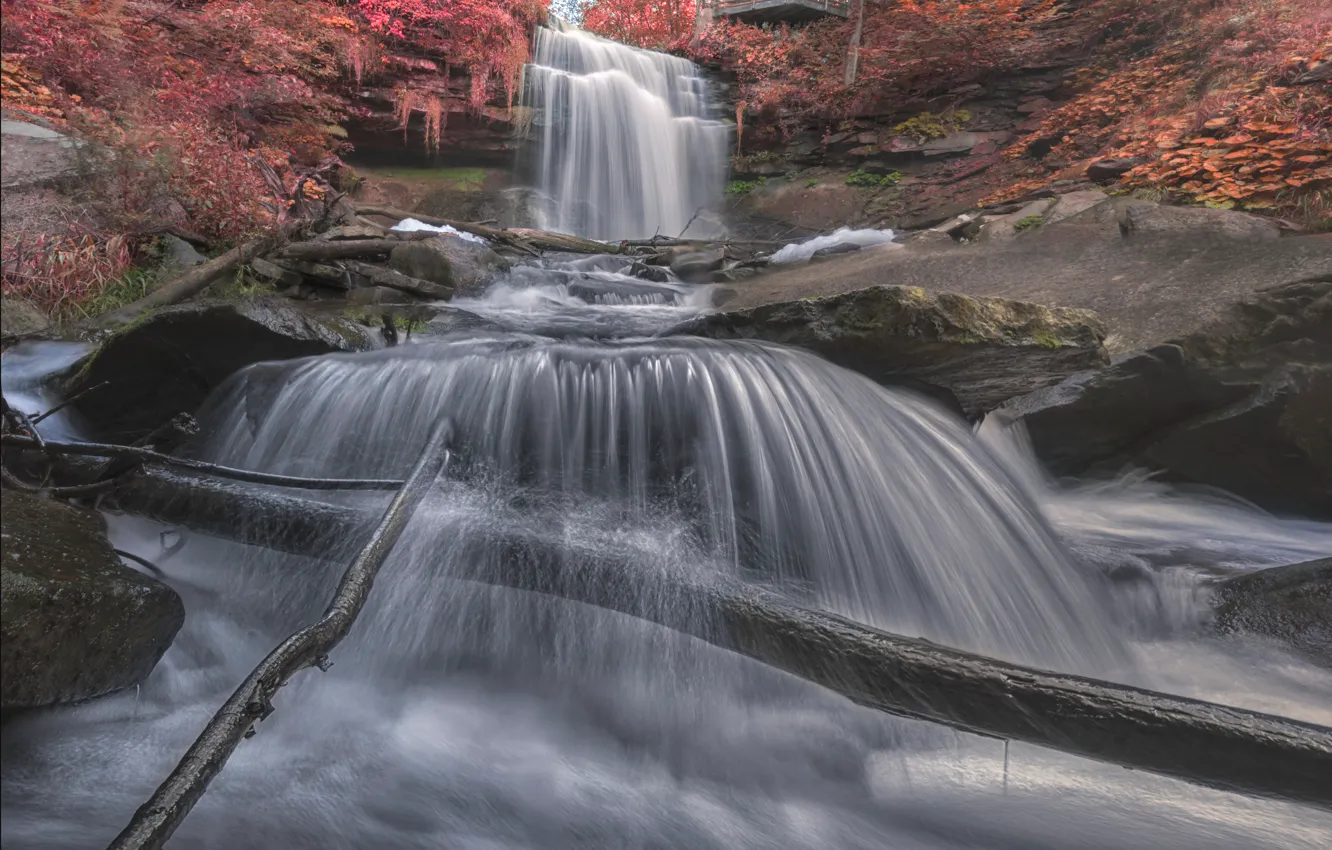 Фото обои осень, скалы, водопад, поток