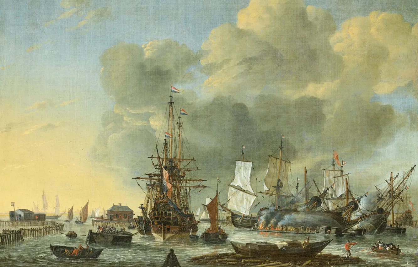 Фото обои корабль, масло, картина, парус, холст, Reinier Nooms, Конопачение Судна в Амстердаме