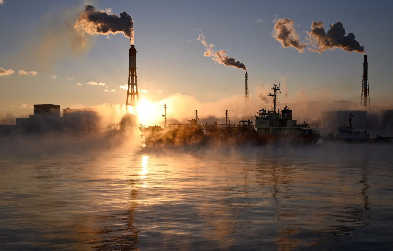 Фото обои небо, дым, утро, труба