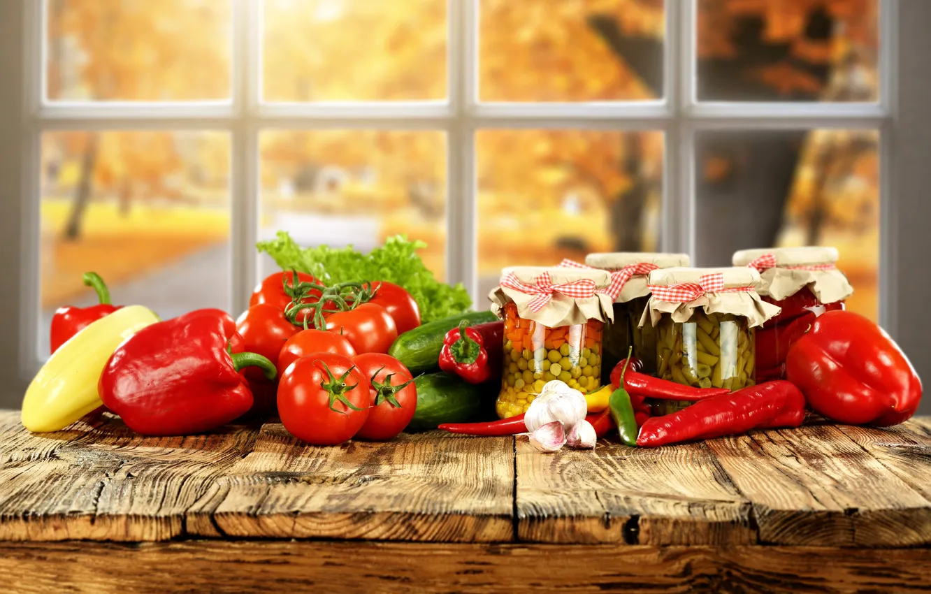 Фото обои перец, банки, овощи, помидоры, огурцы, peppers, tomatoes, vegetables