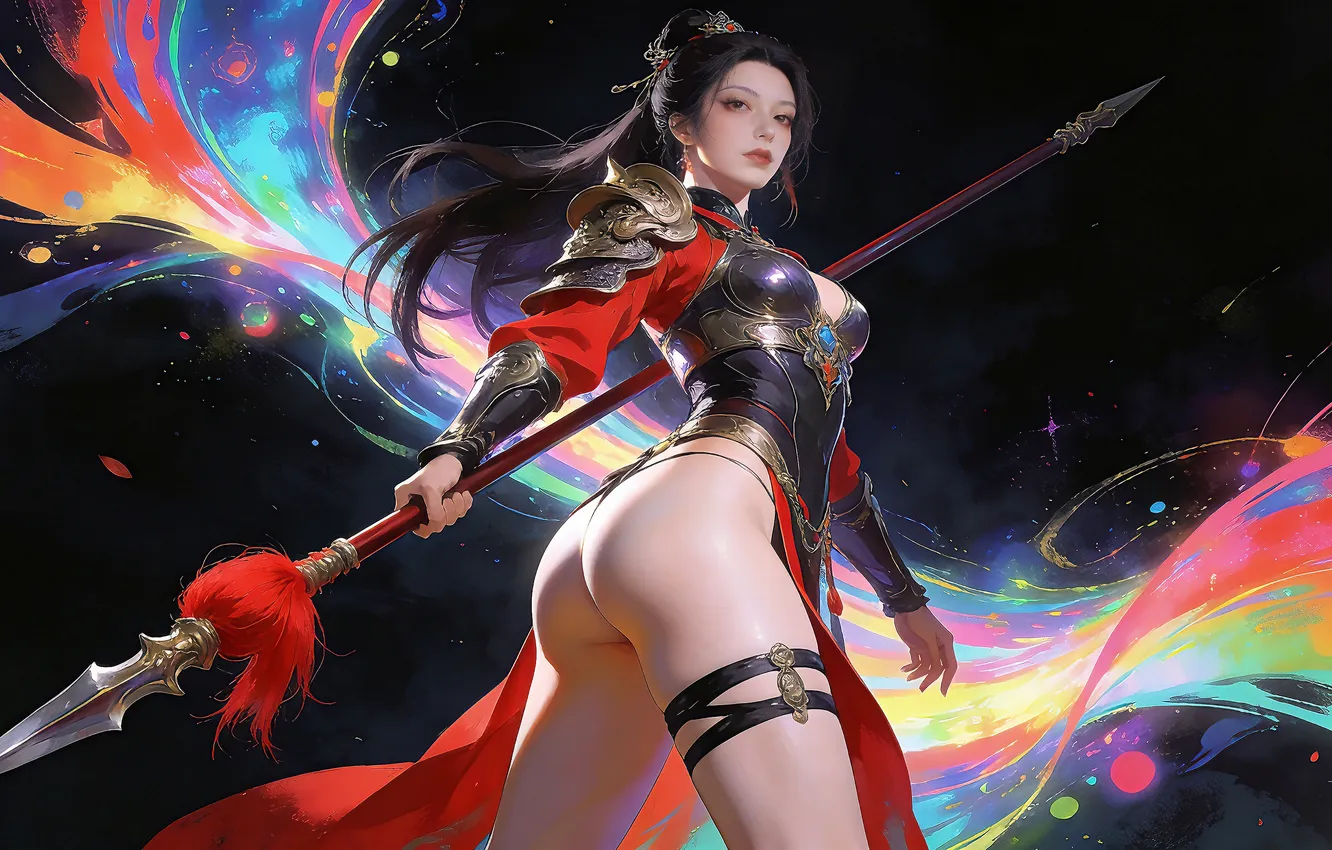 Фото обои girl, weapon, brunette, asian, spear, ai art