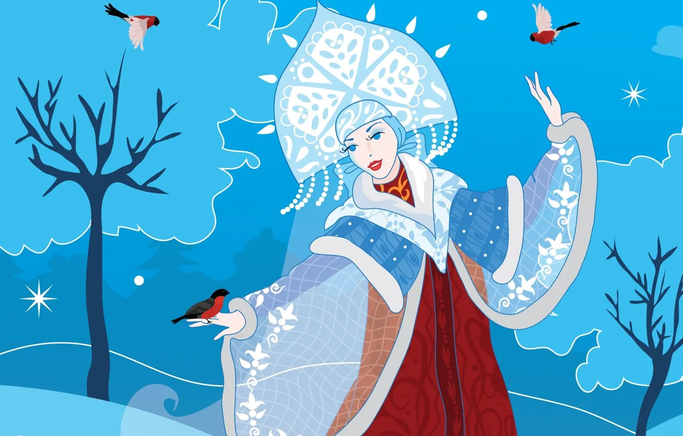 Фото обои зима, снег, праздник, вектор, арт, Новый год, Снегурочка, снегири
