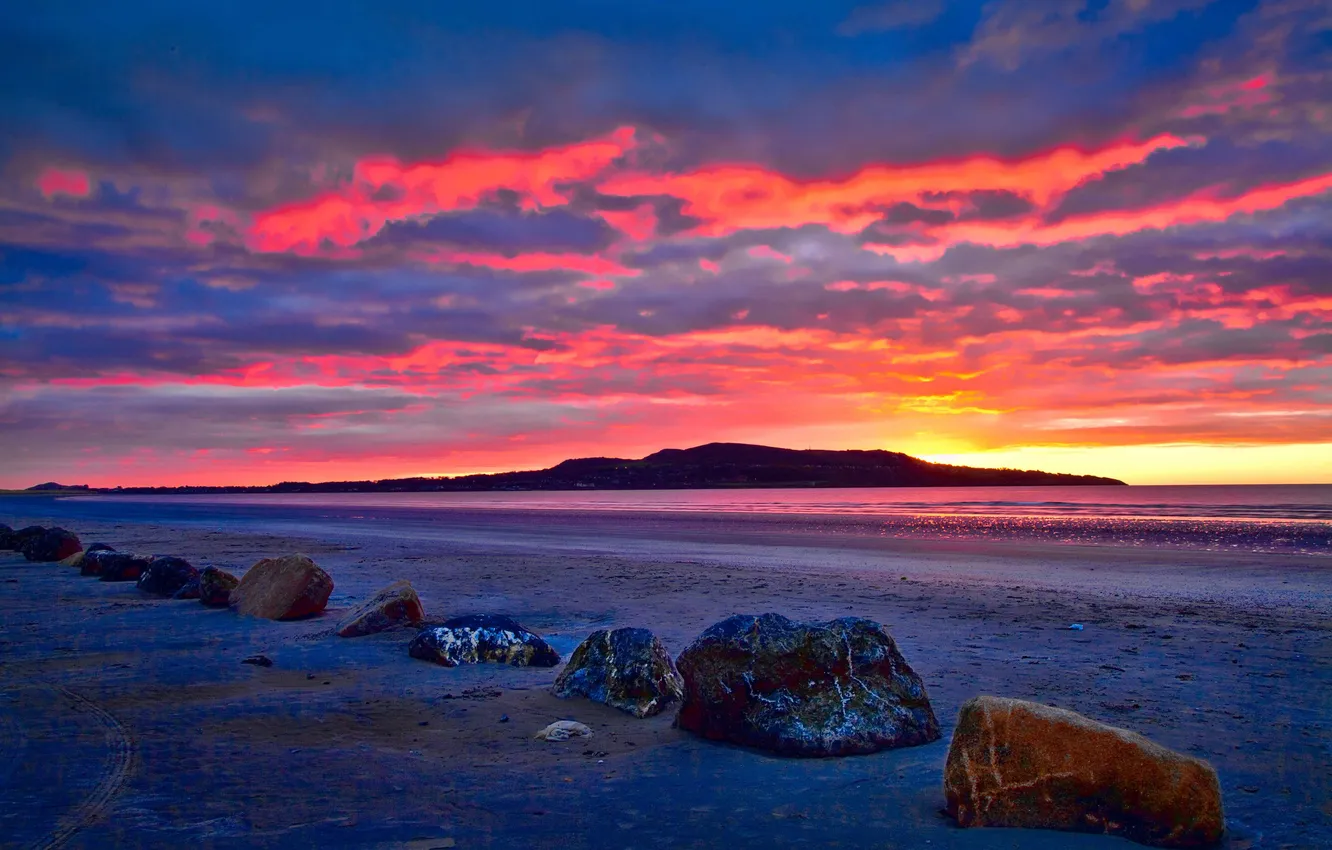 Фото обои пляж, камни, рассвет, залив, Исландия