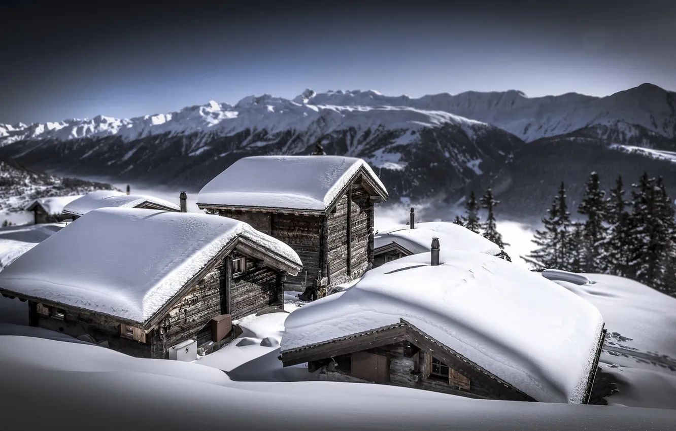 Фото обои снег, горы, дома