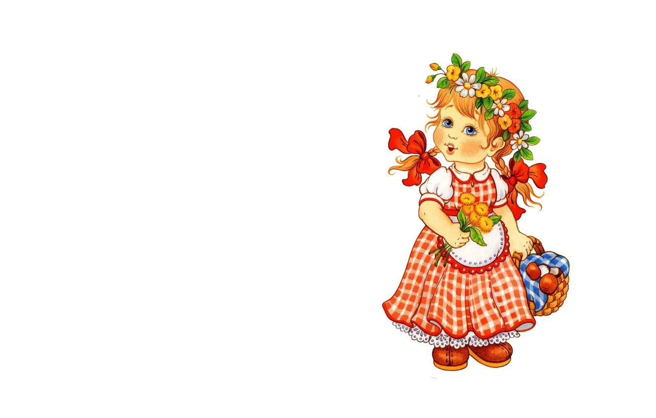 Фото обои лето, цветы, фон, грибы, арт, девочка, корзинка, венок