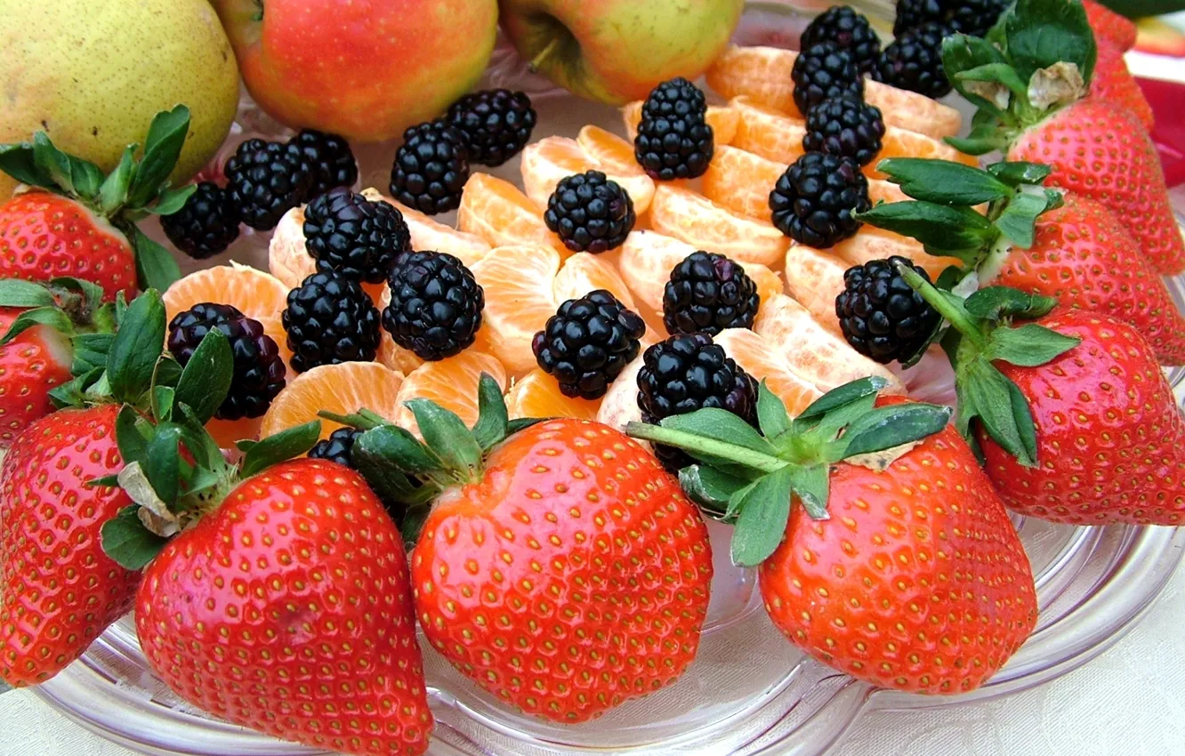 Фото обои ягоды, клубника, фрукты, ежевика, мандарин