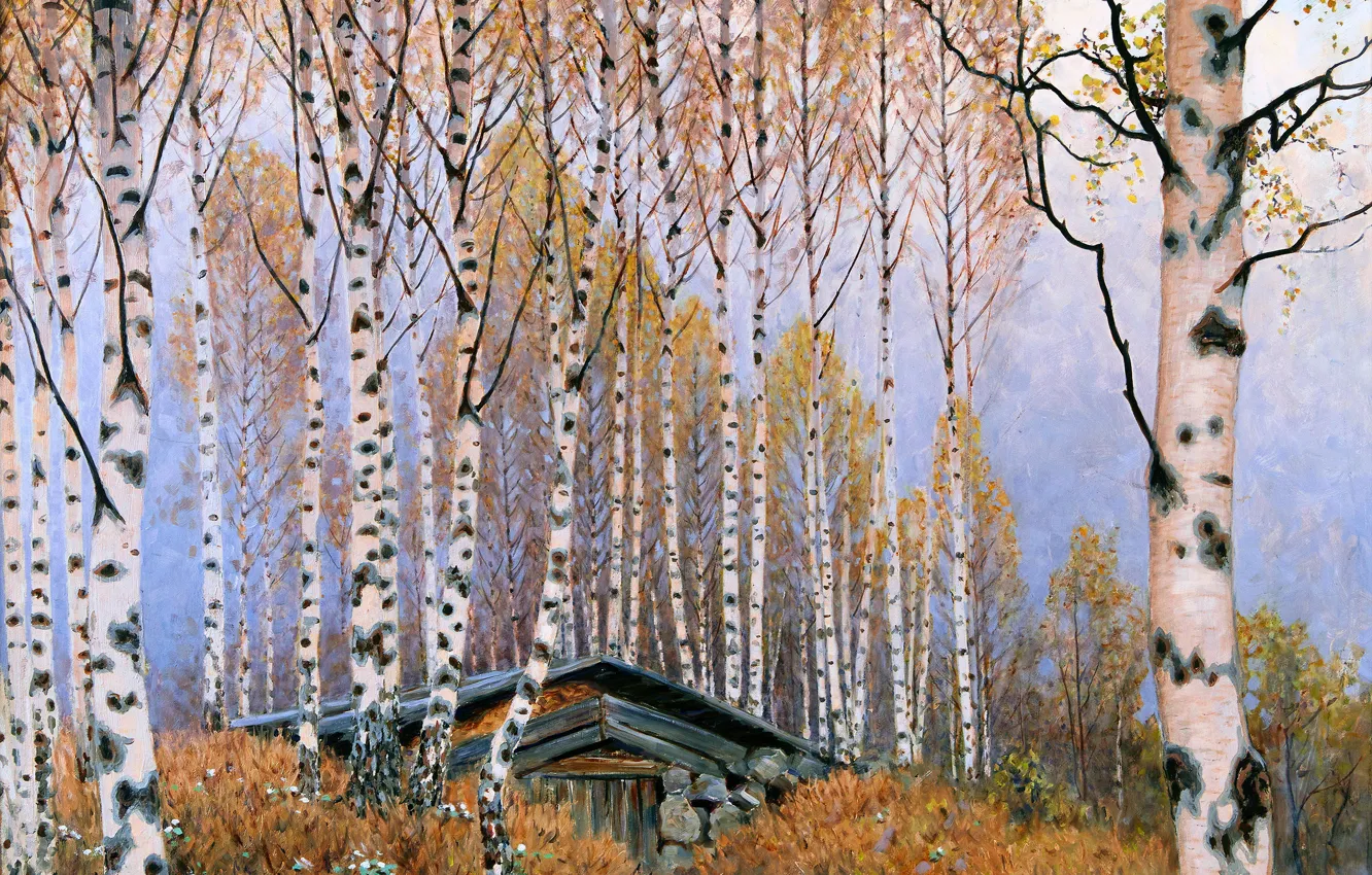 Фото обои Деревья, Дом, Картина, Березы, Gustaf Fjaestad, Густав Фьестад, Шведский художник, Весенние березы