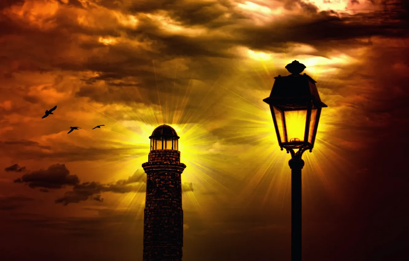 Фото обои небо, солнце, лучи, свет, закат, тучи, маяк, фонарь