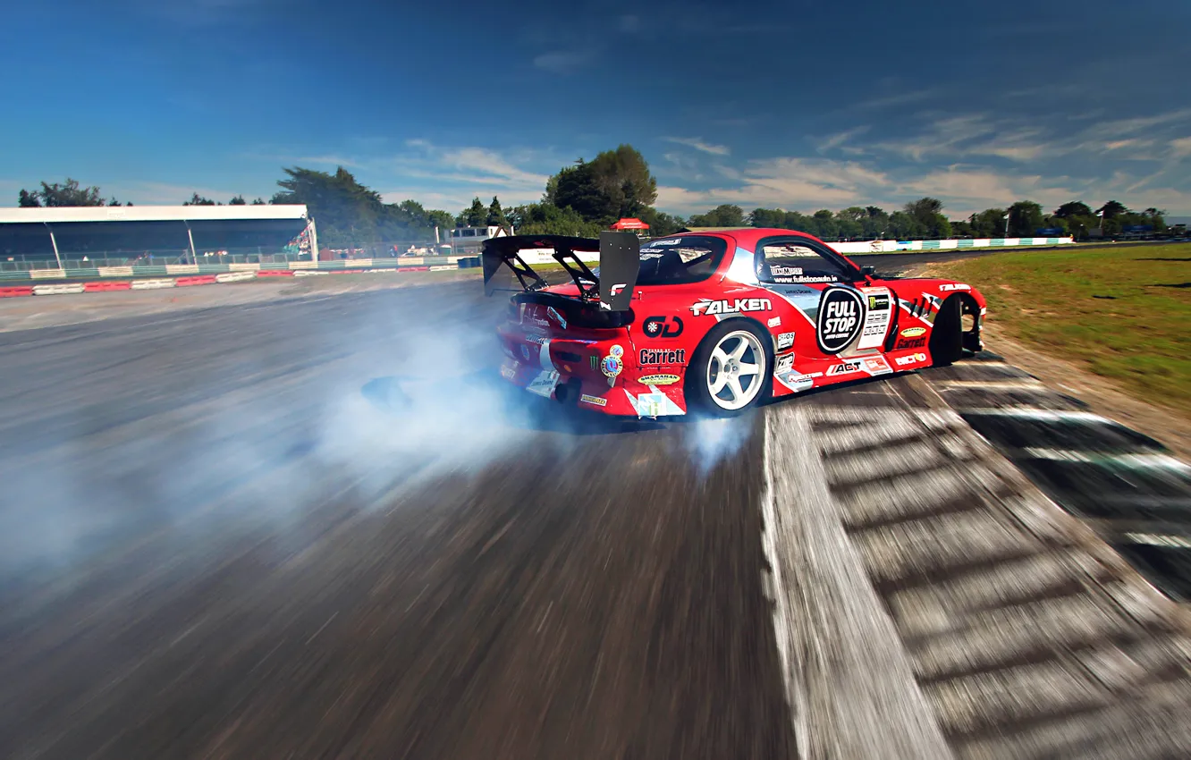 Фото обои Mazda, Red, Drift, Sky, Smoke, RX-7, Tuning, Sportcar
