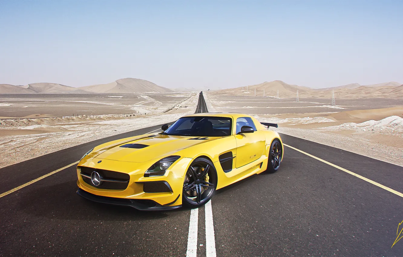 Фото обои Mercedes-Benz, Sky, AMG, SLS, Yellow, Road, Supercar, Black Edition