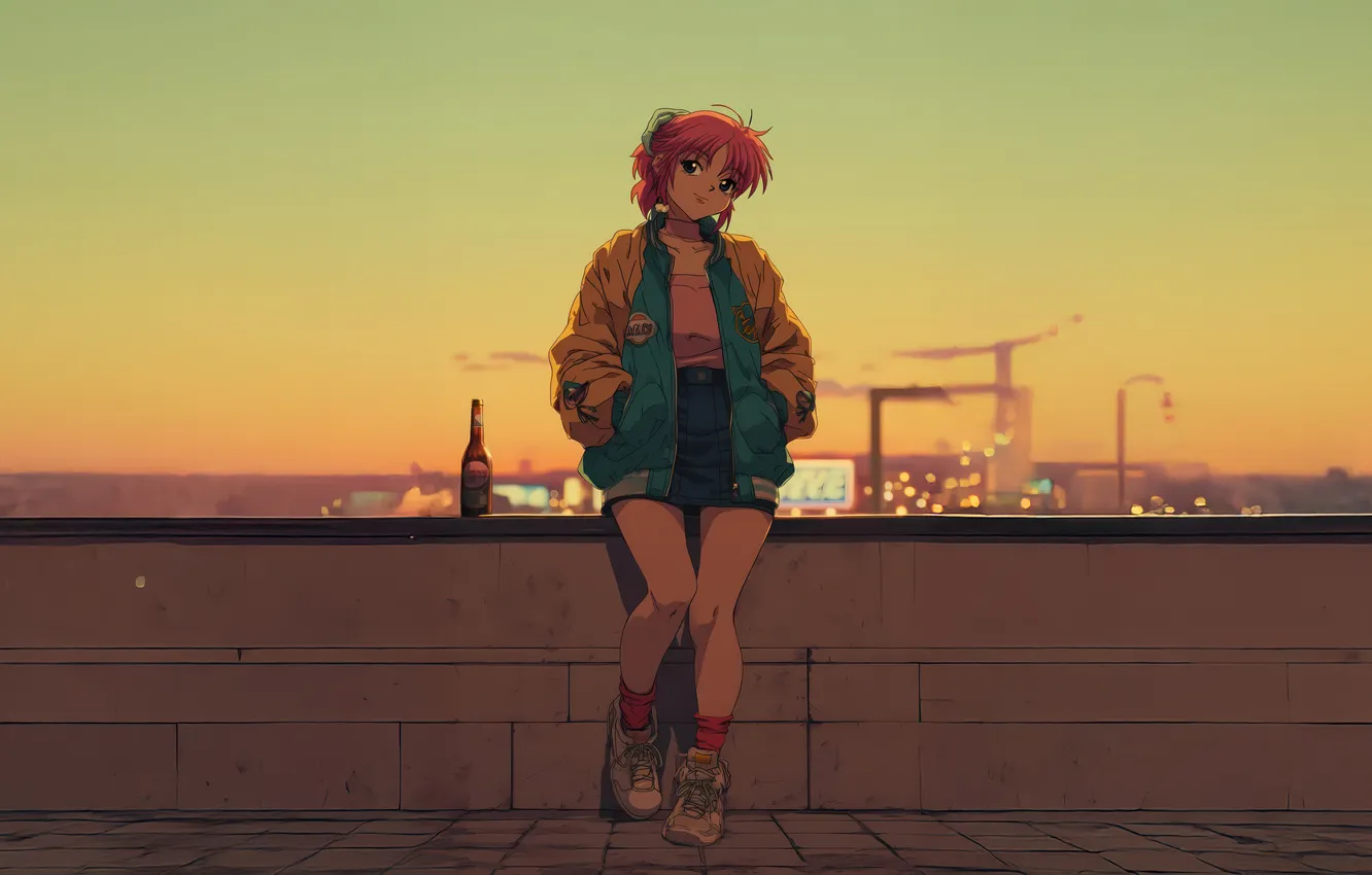 Фото обои girl, sunset, anime, urban, rooftop, vibes