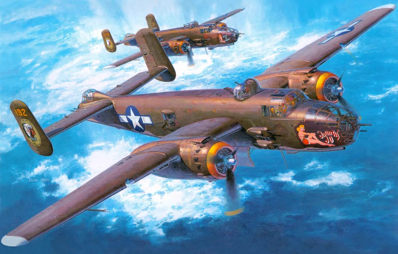Фото обои самолет, арт, бомбардировщик, действия, North American, двухмоторный, средний, WW2.