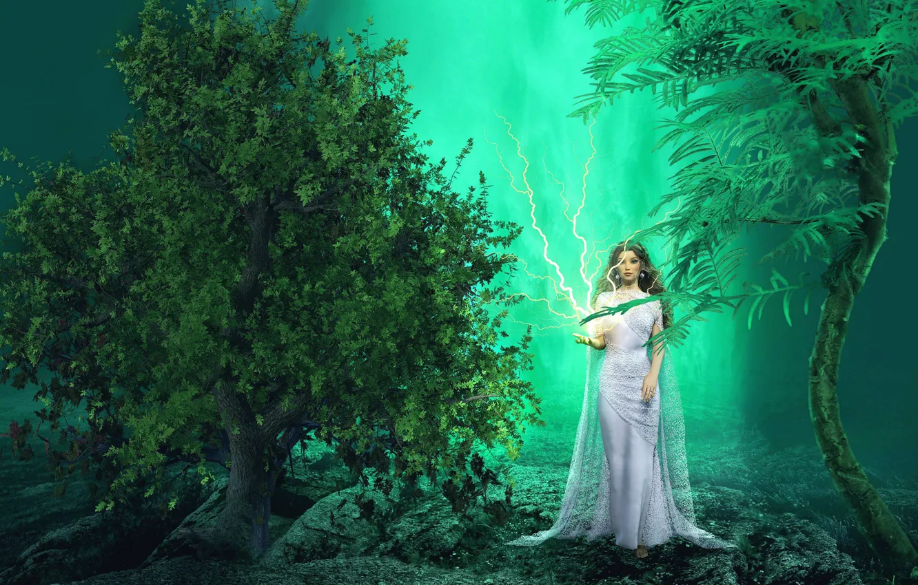 Фото обои зелень, девушка, деревья, природа, камни, рендеринг, фантазия, скалы
