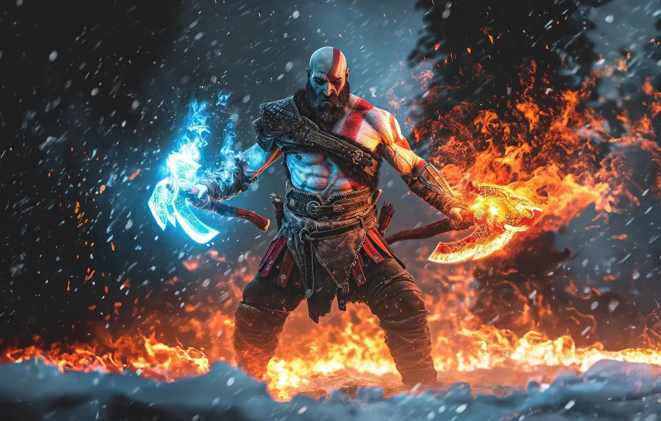 Фото обои axe, fire, sword, ice, god of war, weapon, kratos, sony