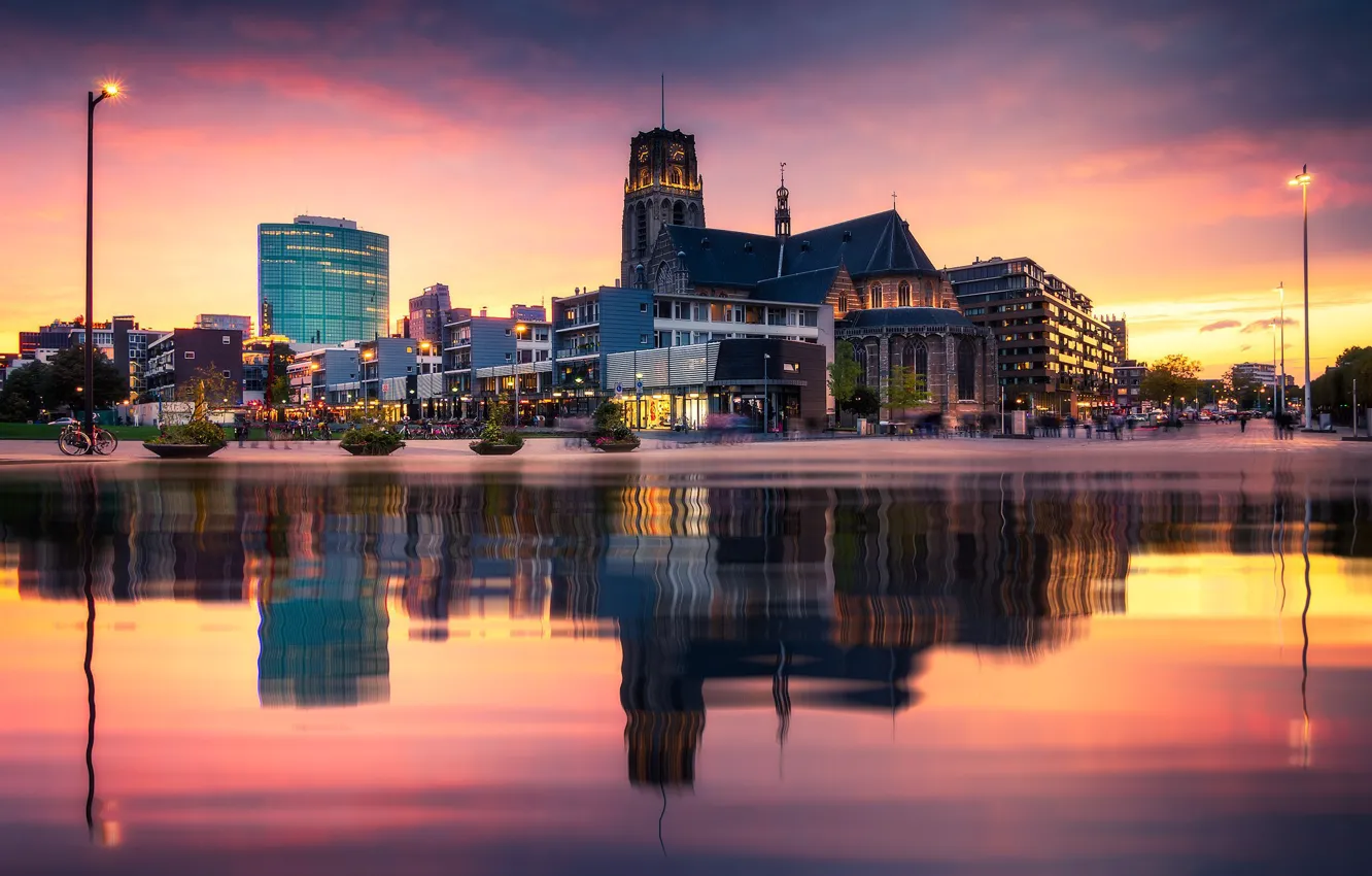 Фото обои ночь, огни, Нидерланды, Голландия, Роттердам, Rotterdam, Laurenskerk