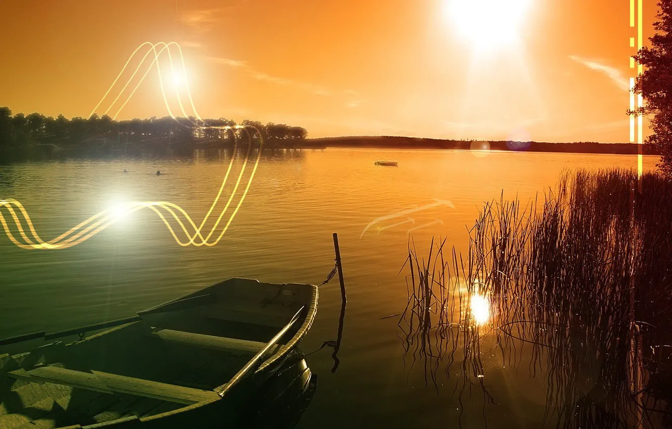 Фото обои солнце, озеро, Лодка