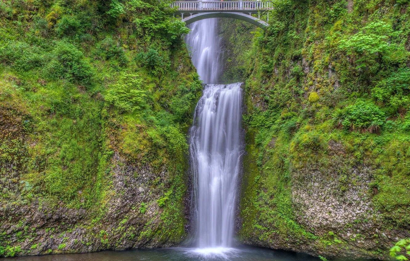 Фото обои мост, водопад, Орегон, каскад, Oregon, Columbia River Gorge, водопад Малтнома, Benson Bridge