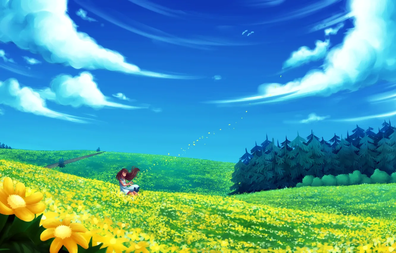 Фото обои поле, лес, лето, девушка, облака, цветы, ветер, арт