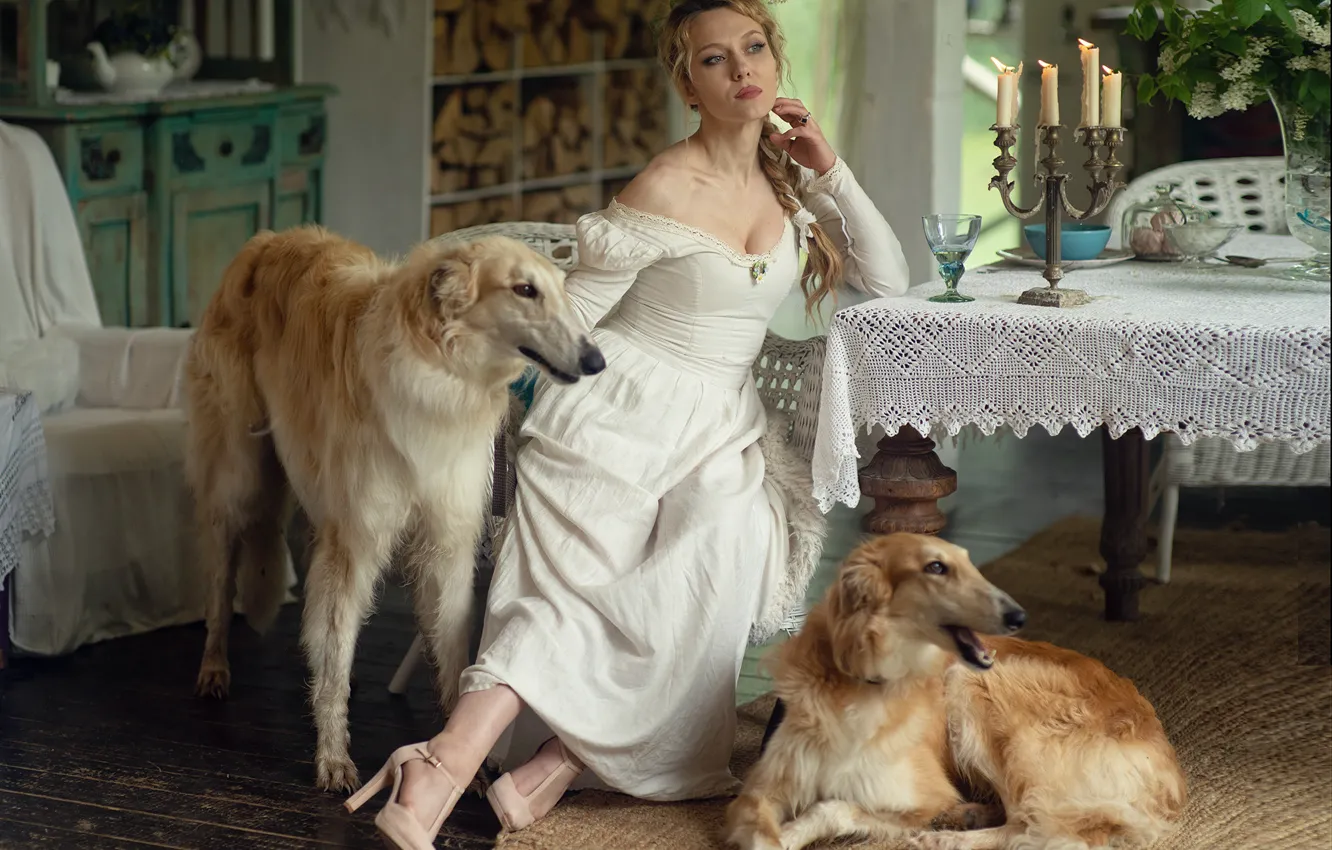 Фото обои собаки, свечи, платье, блондинка, коса, Янина Ермакова