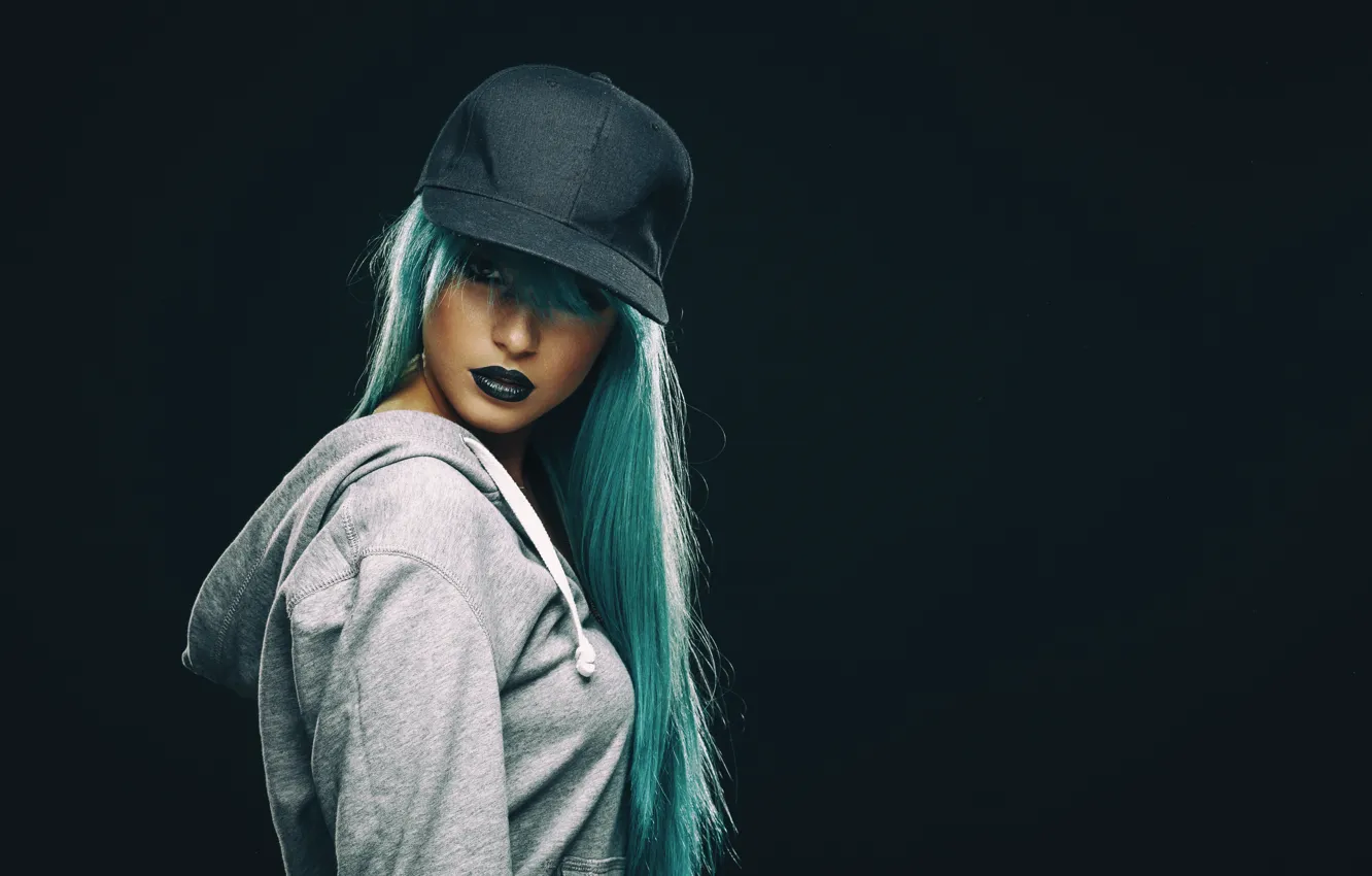 Фото обои hat, female, make up, blue hair
